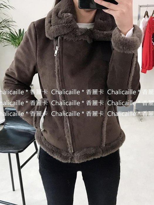 Chalicaille * 香麗卡。正韓。溫暖柔順麂皮毛毛翻領斜拉鍊騎士外套　杏粉 米杏 咖啡 深灰 黑