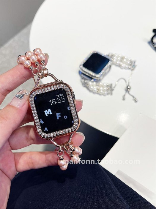 珍珠金屬錶鍊設計款小香風適用于蘋果applewatch78代6543SE錶帶女