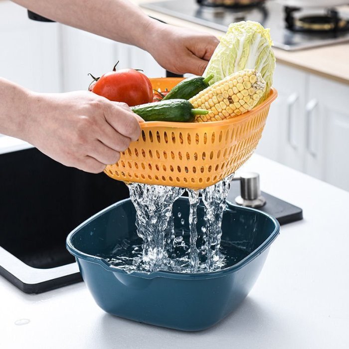 【熱賣下殺】雙層塑料洗菜盆瀝水籃子廚房神器多功能客廳家用水果盤洗水果菜籃