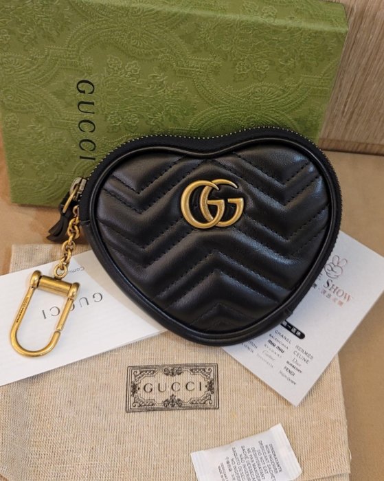 二手show 真品 GUCCI 699517 黑色牛皮 GG Matmont 愛心  鑰匙零錢包  98新