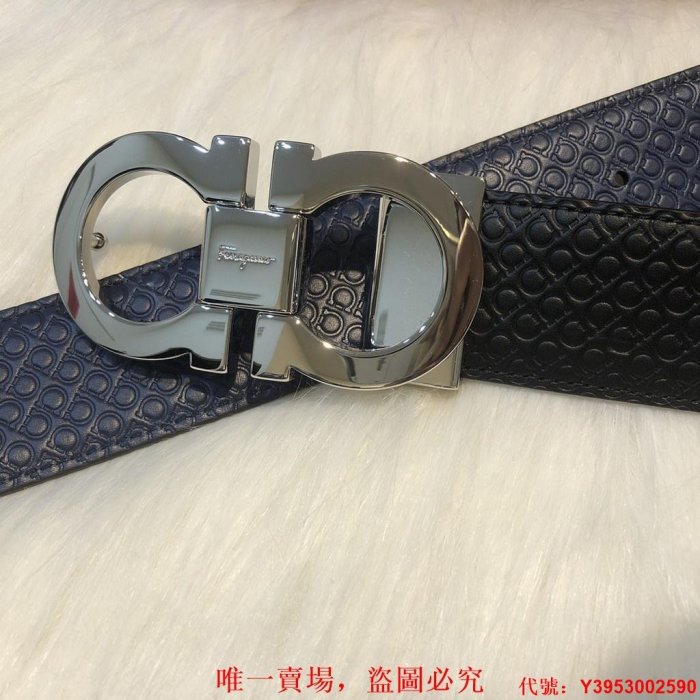 二手正品 Salvatore Ferragamo 菲拉格慕 經典標識 亮銀 雙麵 皮帶 腰帶 黑//深藍