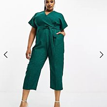 (嫻嫻屋) 英國ASOS-Closet London時尚優雅名媛綠色交叉V領和服寬袖腰部綁帶連身褲EH23