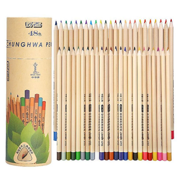 中華牌6725彩色鉛筆123648色原木三角桿彩鉛幼兒園繪畫涂鴉填色筆學生美術繪畫涂色油性彩鉛初學者手繪