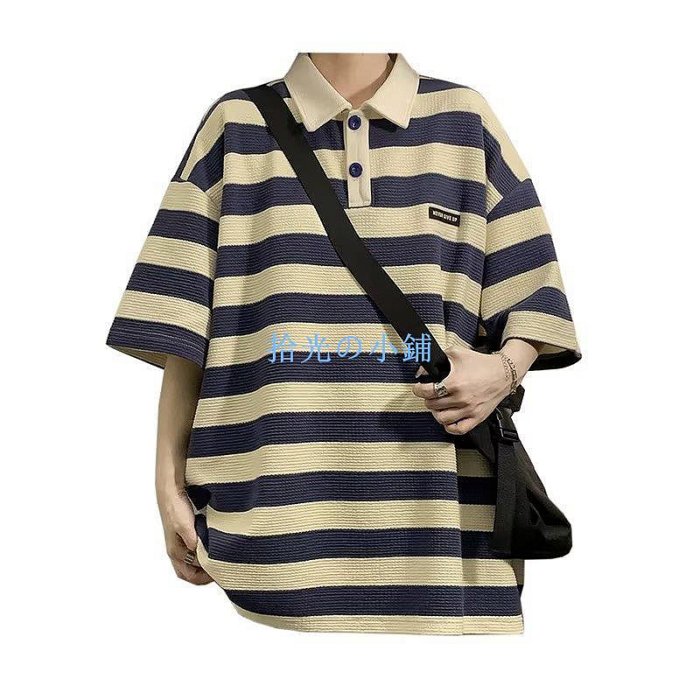 條紋短袖T恤男 M-3XL 夏季寬鬆polo衫 青少年潮牌穿搭單上衣 夏季百搭男裝 藍/ 咖色