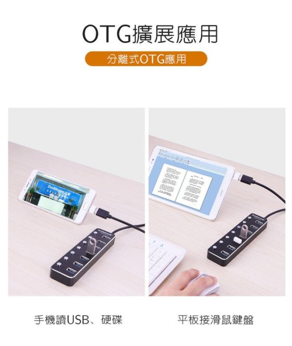 【易控王】銀色 USB集線器 USB分線器 USB延長線 USB3.0 7孔獨立開關 OTG 鋁合金(40-728S)