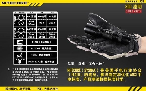 【電筒王論壇　含稅附發票】Nitecore P20 800流明戰術強光手電筒 18650 123a 16340