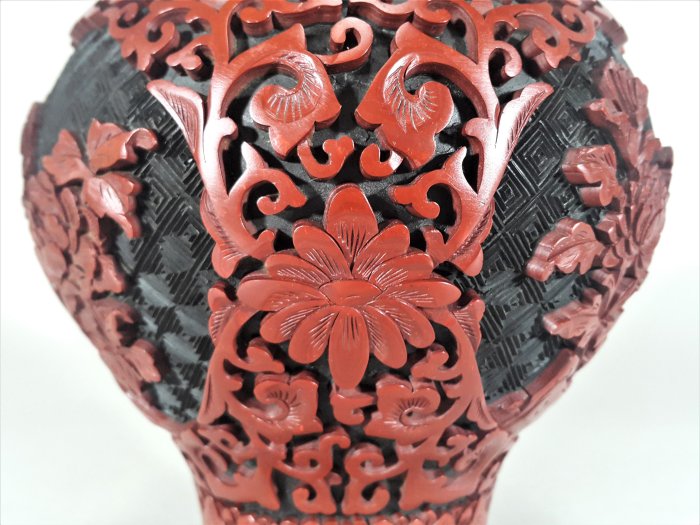 [銀九藝] 早期漆器 高~26公分 銅胎剔紅 花鳥 漆雕花瓶
