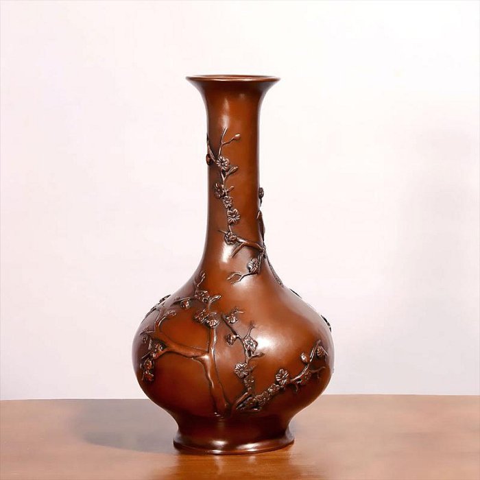 紫銅花瓶擺件喜鵲登梅家居客廳玄關柜擺設中式銅器工藝裝飾離品半島鐵盒