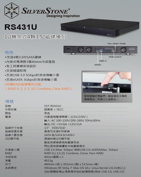 小白的生活工場*SilverStone 銀欣 (RS431U) USB3.0/ESATA 外接磁碟陣列架(不含硬碟)
