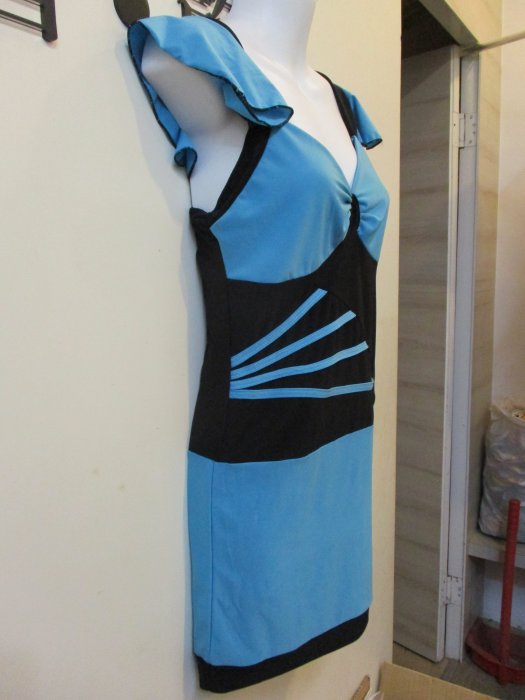 藍黑色性感V領連衣裙修身顯瘦包臀短裙