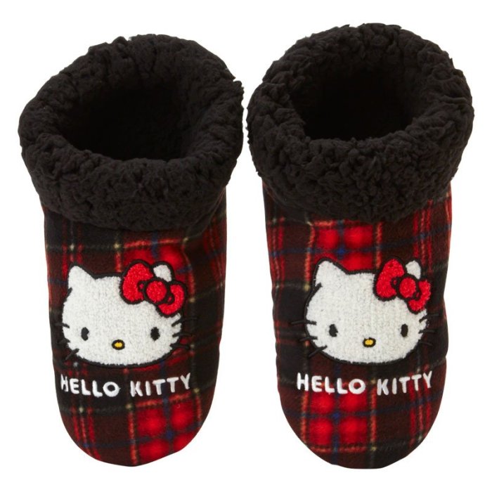 玫瑰默契＊日本限定HELLO KITTY Black黑格紋蘇格蘭系列～絨毛室內鞋