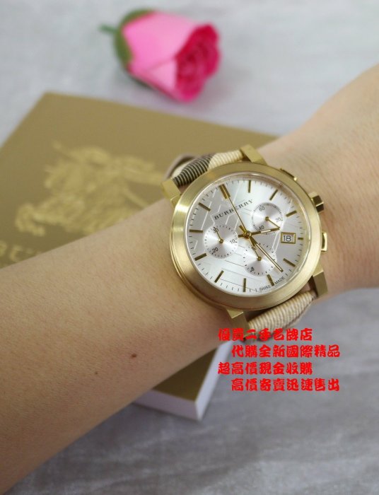 ☆優買二手名牌店☆ BURBERRY 三眼 格紋 日期 圓面 金圈 石英錶 錶 手錶 BU9752 全新 38MM