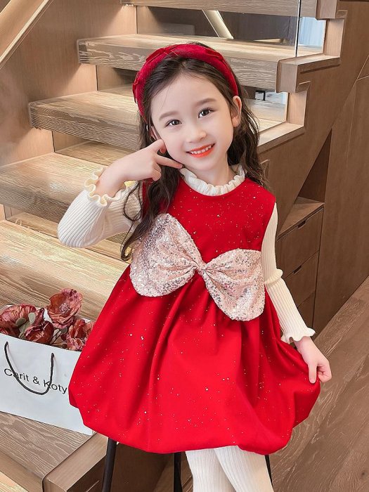 女小童冬季新款加絨公主喜慶紅色連衣裙幼兒加厚新年蝴蝶結年服裙_佳美優品