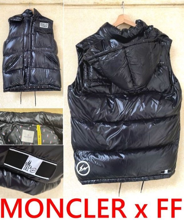 BLACK近全新MONCLER x FRAGMENT台灣唯一FF羽毛馬賽克閃電連帽可拆羽絨背心