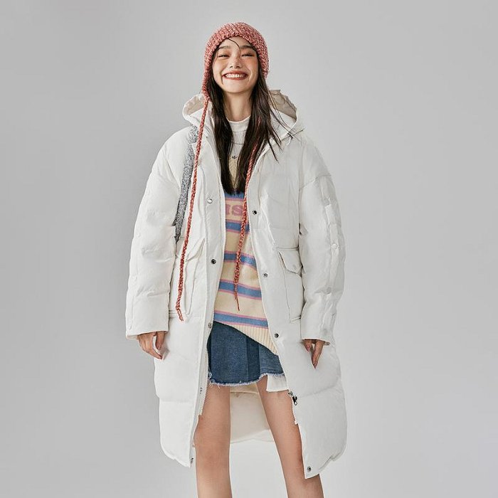 EPTISON羽絨服女2022冬季新款寬鬆輕薄長款過膝鴨絨白色連帽外套