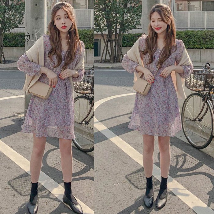 韓國甜美紫色復古碎花長袖收腰小個子雪紡連衣裙