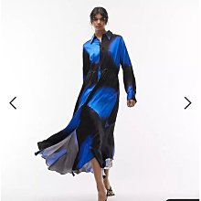 (嫻嫻屋) 英國ASOS -Topshop藍色黑色印花鍛面襯衫領尸長裙長洋裝禮服AA24