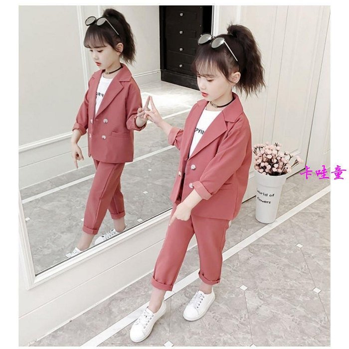 【現貨】 女童裝 女童套裝 女 套 女童西裝兩件套韓版洋氣秋裝新款中大童網紅時髦西裝兩件套裝 其他 PNAL