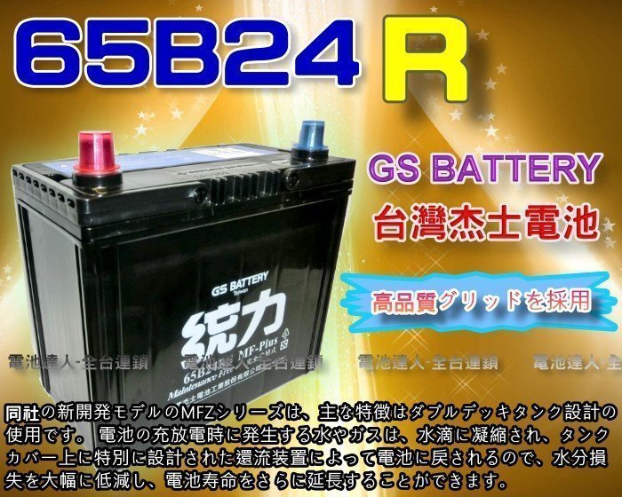 【中壢電池】65B24R GS電瓶 加強型 統力 汽車電池 本田 豐田 福特 裕隆 鈴木 SX4 SWIFT JIMNY