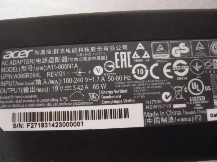 ACER原廠筆電19v 3.42a 65w變壓器子彈 頭(5.5/1.7mm)D525,D620,D720,D725