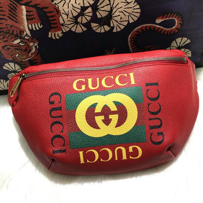 二手旗艦 GUCCI 530412 紅色 牛皮 綠紅綠 織帶 胸口包 腰包 (公益店)03801