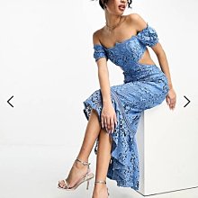 (嫻嫻屋) 英國ASOS-藍色鈎針蕾絲一字領切口鏤空腰魚尾長裙洋裝禮服ED23
