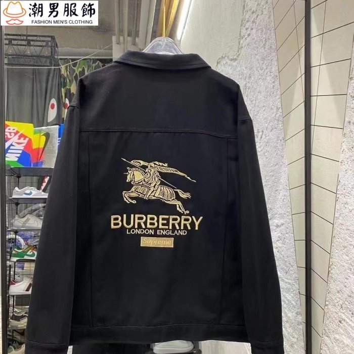 巴寶莉BURBERRY 22春秋新款休閒翻領夾克外套男潮流緊身顯瘦刺繡戰馬牛仔服~潮男服飾