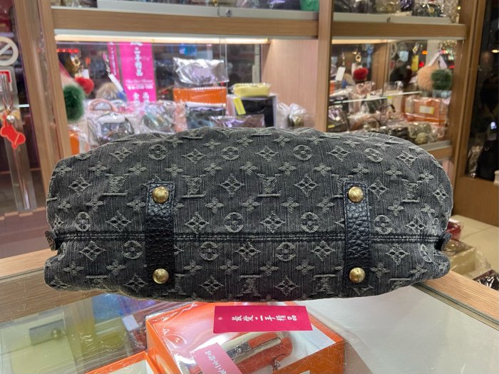 ☆最愛二手精品☆ LOUIS VUITTON LV 黑色丹寧布緹花布黑皮革霧金釦拉鍊抓皺皺摺手提包肩背包斜背包 M95352 XG3272