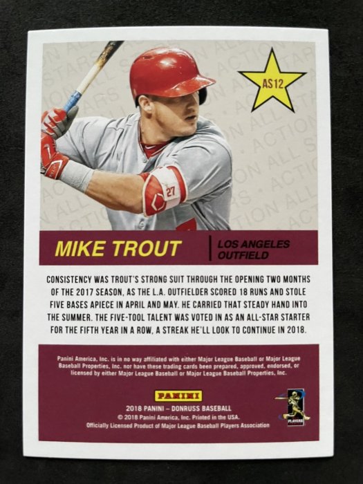 Mike Trout 2018 Donruss MLB ALL STAR 天使隊超強打者鱒魚 全明星 鑽石閃卡限量999