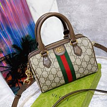 二手旗艦 Gucci 咖啡色 PVC OPHIDIA 綠紅背帶 波士頓包 斜背包 兩用包(中友店)