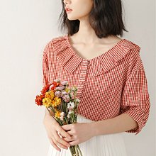 ＳＥＹＥＳ 日系雜誌款甜美紅色小格紋娃娃領襯衫