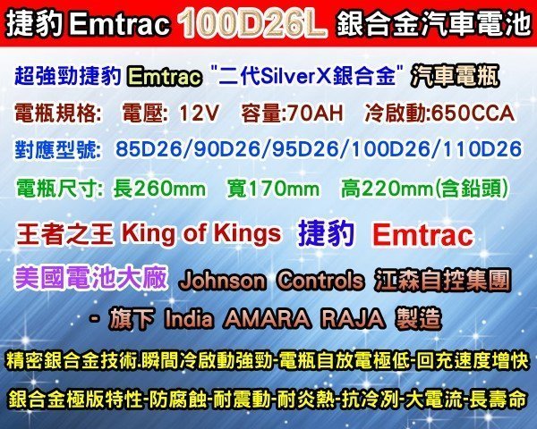 【電池達人】Emtrac 捷豹 銀合金 汽車電池 SONATA IX35 IX30 Q-RV ROGUE 100D26L