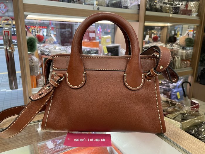 ☆最愛二手精品☆ CHLOE MINI EDITH BAG 咖啡色粗車線前口袋拉鍊斜背包肩背包手提包兩用包 C2398