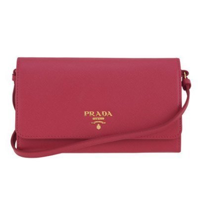 PRADA 1M1437 經典浮雕LOGO長夾皮夾手拿包  斜背 WOC 桃紅