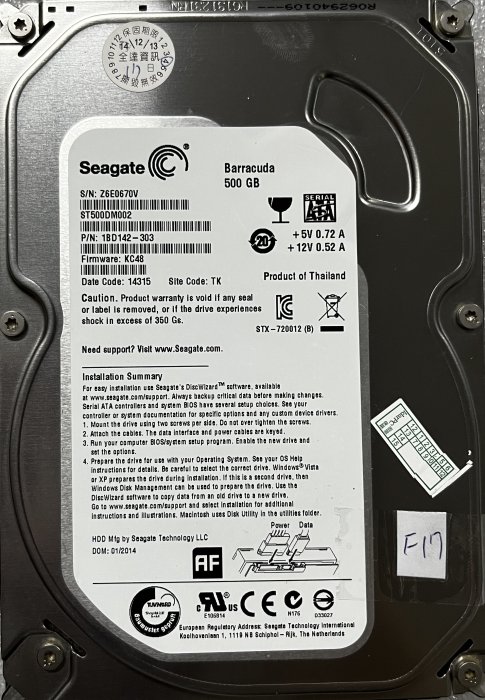 @淡水無國界@ 良品 希捷 Seagate 500G  二手 硬碟 3.5吋 ST500DM002 F17