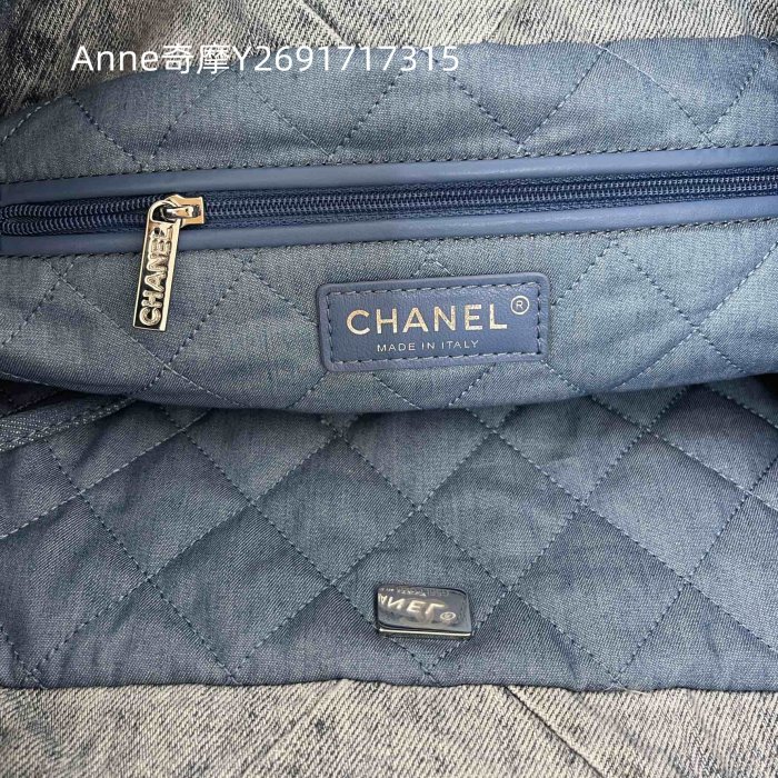 二手正品 CHANEL 香奈兒 22 拼接牛仔布 垃圾袋 銀色金屬 小號托特包 肩背包 購物袋 AS3260 現貨