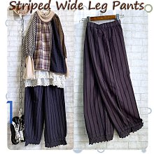 Striped Wide Leg Pants 溫雅職人風下擺蕾絲滾邊純棉條紋寬褲-深灰條 Size F