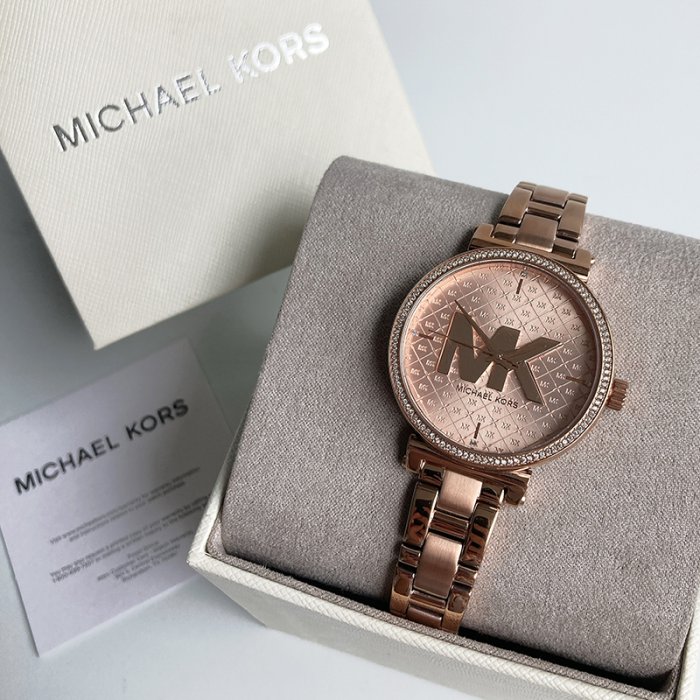 美國百分百【Michael Kors】手錶 MK4335 女錶 MK 鍊帶腕錶 大logo 水鑽 玫瑰金 BF61