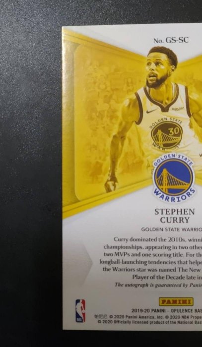 1元起標～2019-20 Stephen Curry opulence auto /10 咖喱柯瑞 金國寶壓克力面簽名卡 金版 限量10張 卡面簽