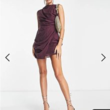 (嫻嫻屋) 英國ASOS-優雅時尚名媛紫色紋理高領綁帶背露美背垂墜裙洋裝禮服AA24