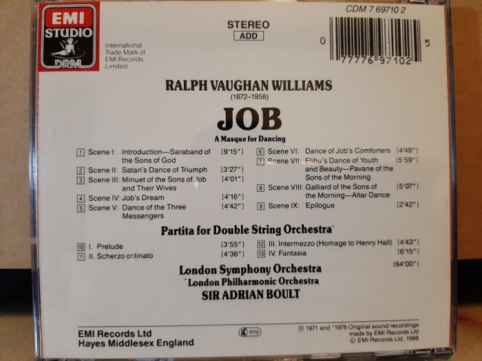 Boult,Vaughan Williams-JOB,Partita,鮑爾特爵士，佛漢·威廉士-約伯，組曲等，如新。