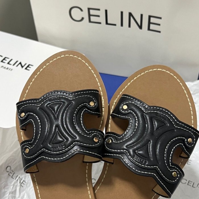 【King女王代購】CELINE 凱旋門拖鞋女外穿早春拖鞋賽琳網紅真皮外出平底涼鞋赫本風