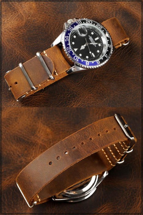 手錶帶 皮錶帶 鋼帶瓏勁手工頭層牛皮NATO北約錶帶 真皮錶帶復古粗獷20 22MM適配精工
