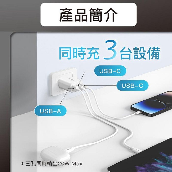 【珍愛頌】寶利威爾 30W三孔PD快充頭 雙USB-C+USB-A充電器 GaN氮化鎵 BSMI認證 POLYWELL