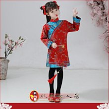 Q版冬款小女孩旗袍 紅色鋪棉織錦女童旗袍裙 小女生古典旗袍 中國風兒童唐裝 溫暖毛邊長袖旗袍洋裝-紅藍小格格-水水女人國