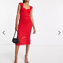 (嫻嫻屋) 英國ASOS-仿珍珠點綴紅色甜心領寬肩帶抓皺及膝裙洋裝禮服AC24
