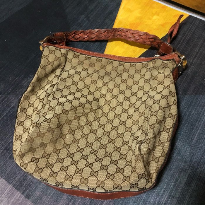 Gucci 古馳 二手 專櫃 正品 肩背包 腋下包 編織提帶 竹節 滿版 logo 緹花布 vintage 托特包 大包包 真品 非水餃包琴譜包 非全新 瑕疵