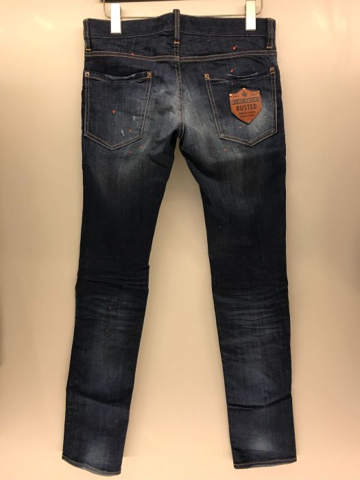 Dsquared2 slim jean 全新品雙拉鍊低腰合身小直筒牛仔褲44號潑漆皮革皮