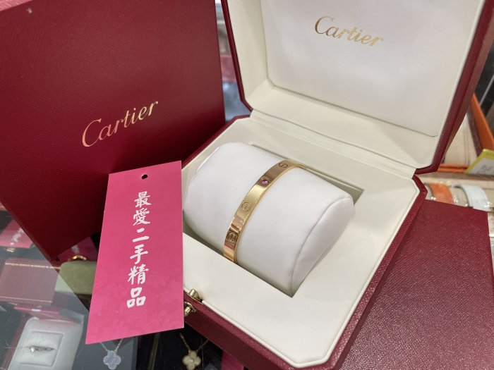 ☆最愛二手精品☆ CARTIER LOVE BANGLE 卡地亞黃K金手環 18號 18K 750 XG4480 一顆粉鑽石 C字開口