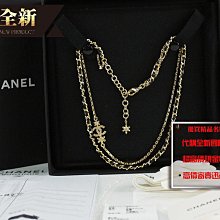 優買二手精品名牌店 CHANEL ABB329 LOGO 水鑽雙C 雙鍊金色金鍊 黑色皮穿鍊 項鍊 頸鍊 全新